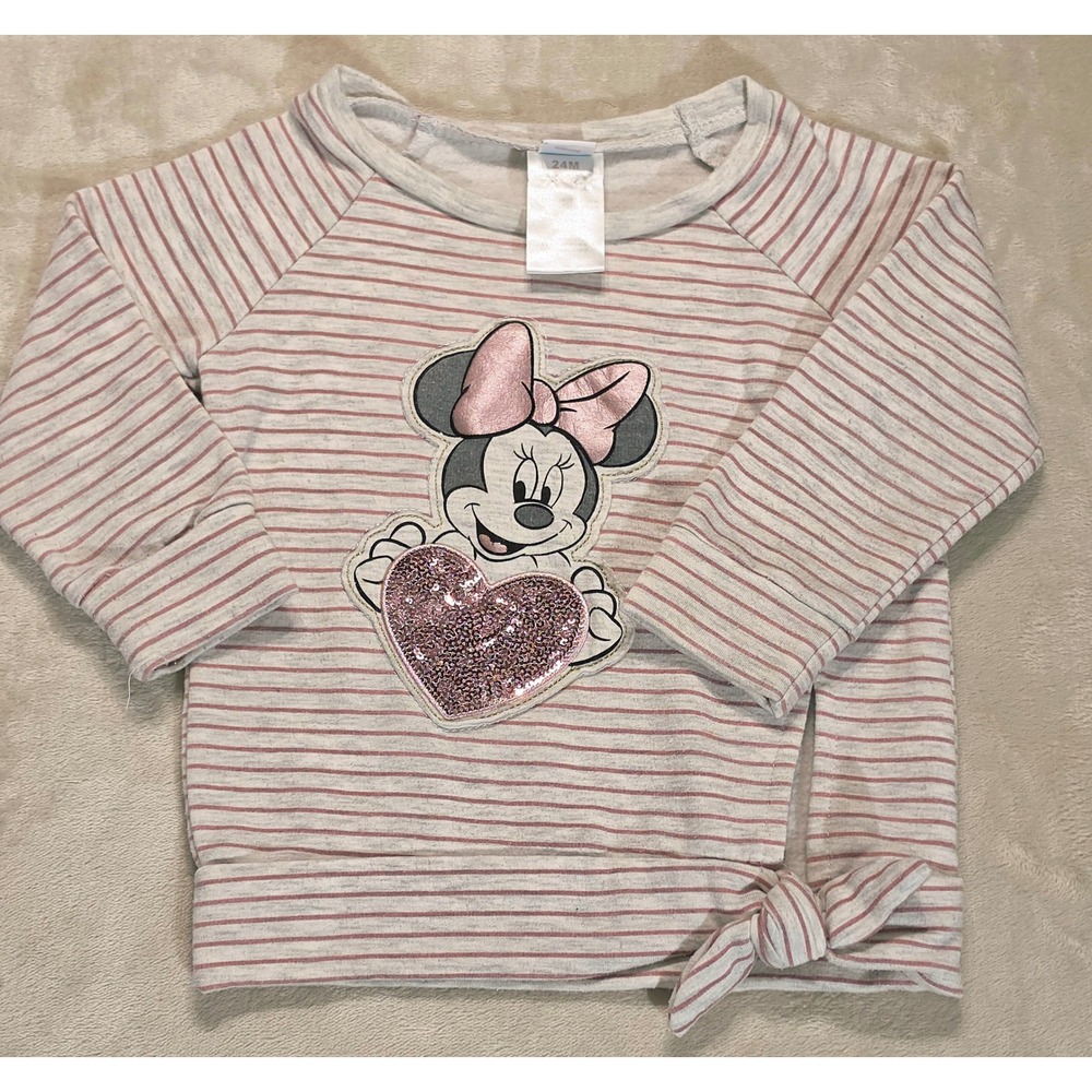 Disney Baby Minnie Mouse Striped Sequin Heart Tie‎ Hem Sweatshirt Grey Pink 24M
